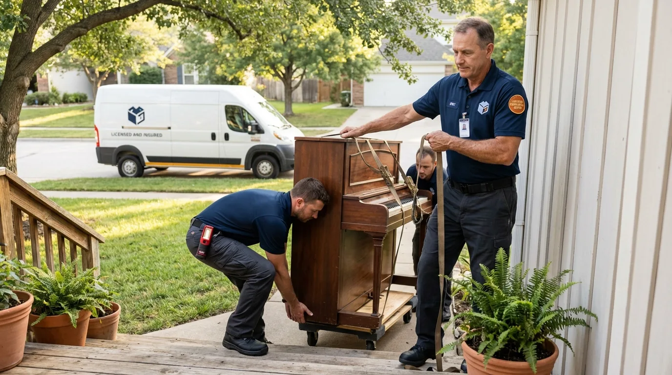 Licensed piano movers securing grand piano in Watertown, WI