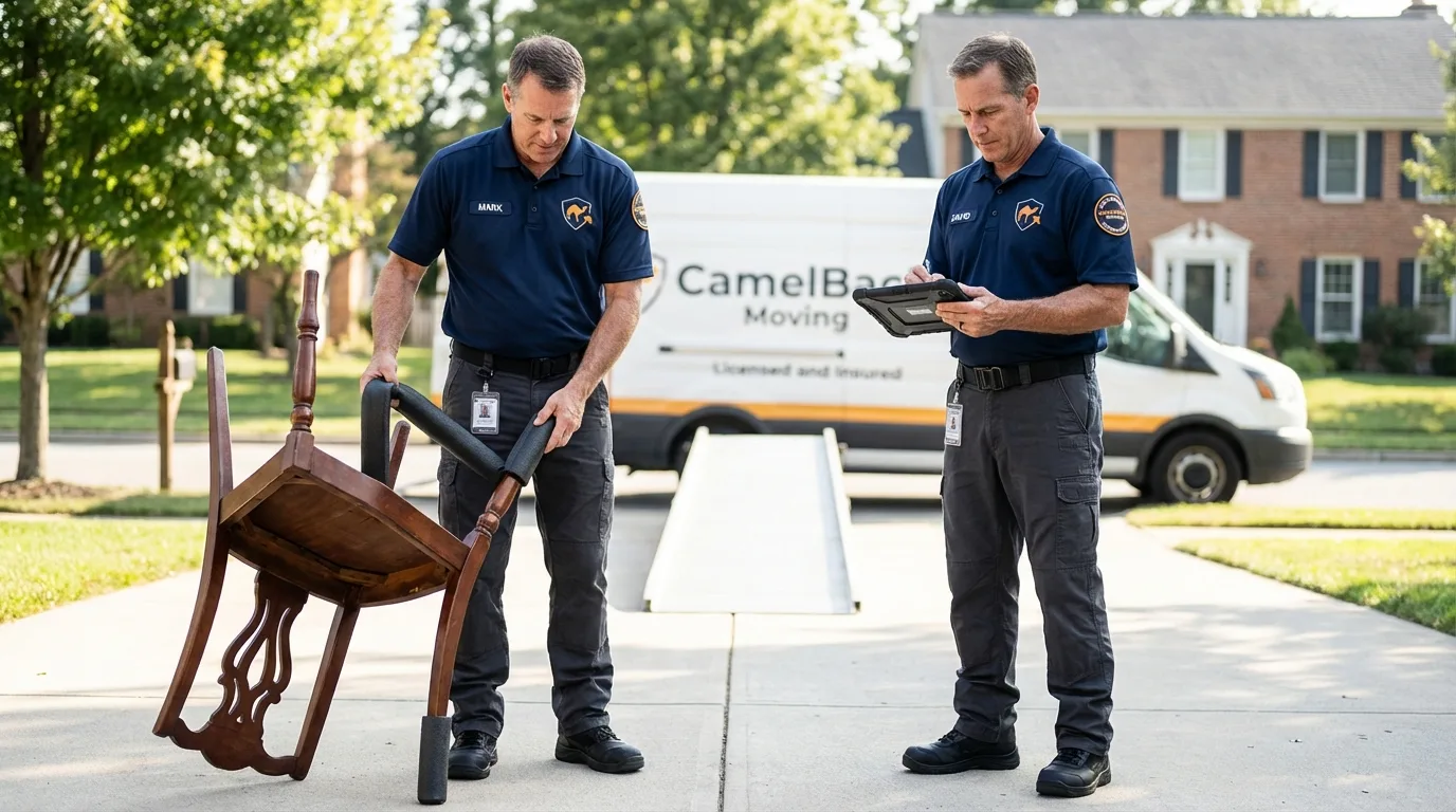 Movers inspecting furniture for damage prevention before loading in Watertown, WI