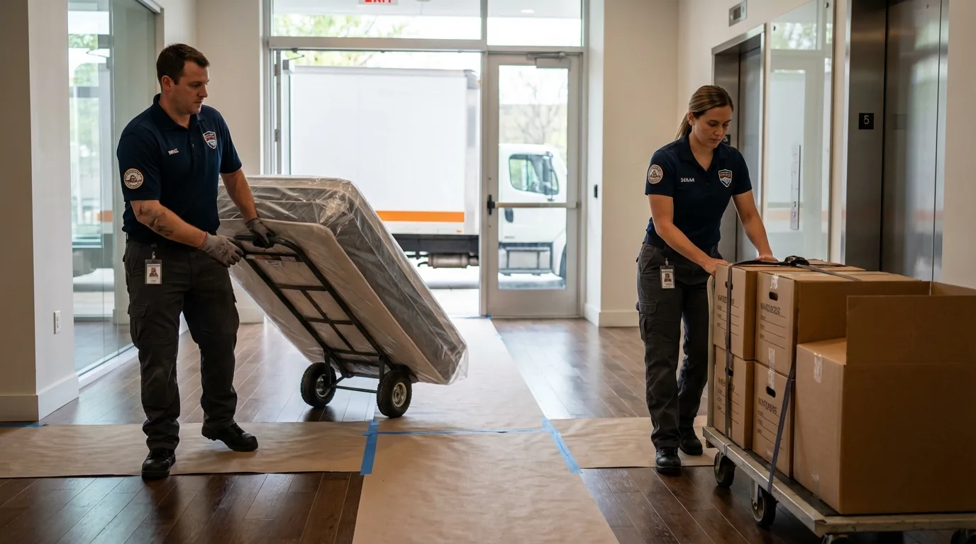 Professional apartment movers loading elevator in Watertown, WI